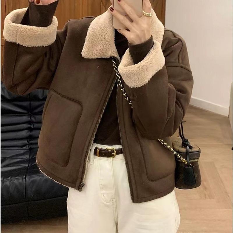 Thick Warm Lapel Sherpa Jacket Women Autumn Winter Biker Jacket Cotton Coat