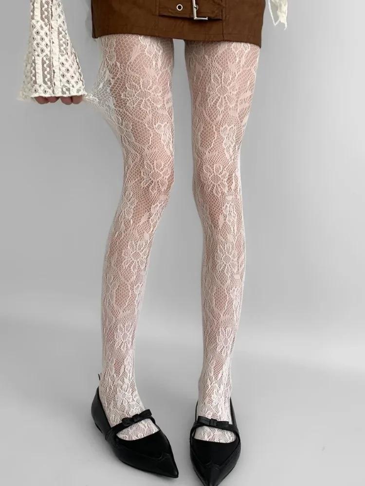 Floral Pattern Coffee Fishnet Pantyhose Women Sexy Brown Hollow Out Mesh Tights Lolita Nylon Plus Size Transparent Stockings