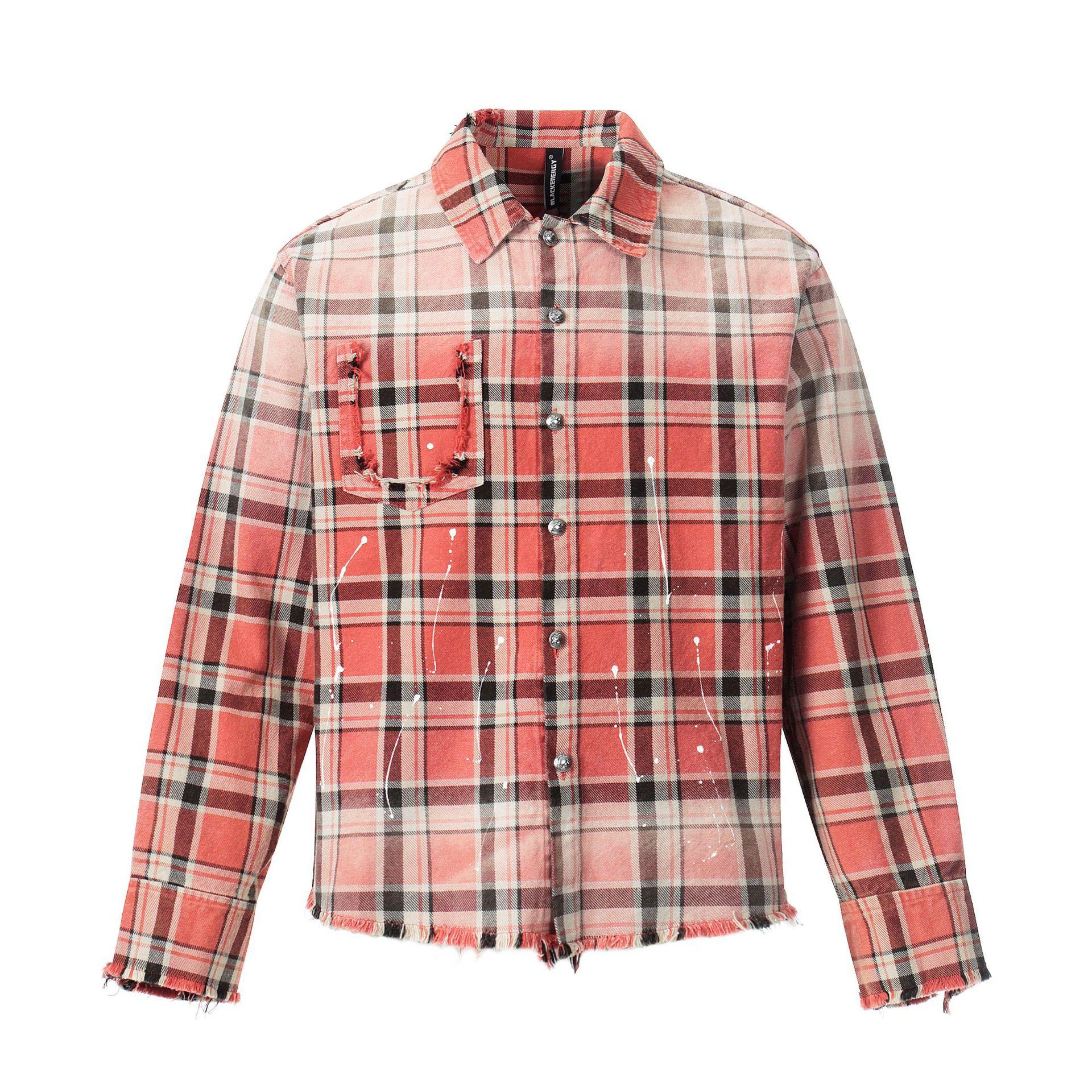 Washed damaged plaid shirt wasteland style bf American street tide shirt men s and women s S красный