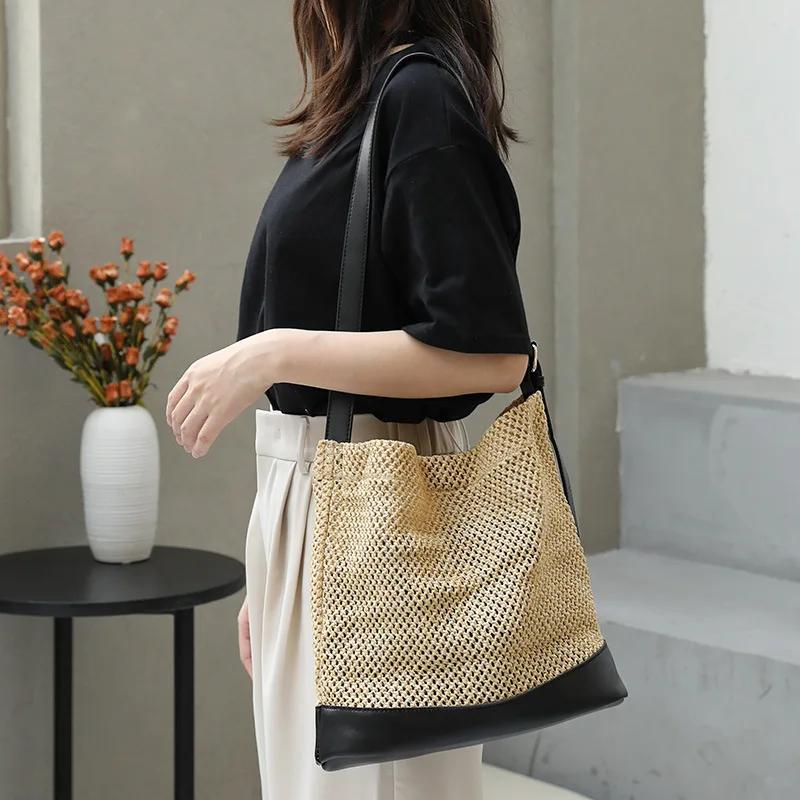Female Vacati Beach Grass Woven Handbag Lady Leisure Splicing Independent Inner Package Shoulder Bag Women Woven Crossbody Bag