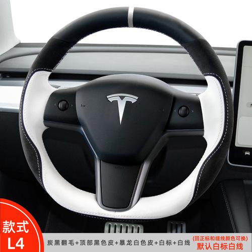 Hand Stitched black white Genuine Leather suede car Steering Wheel Cover For Tesla Model 3 2015-2021 Model Y 2019-2021
