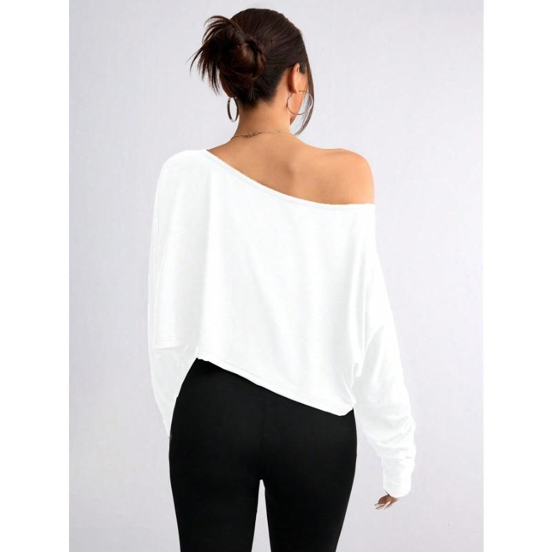 Women Off Shoulder Loose Cropped Long Sleeve Solid Casual Pullover Top