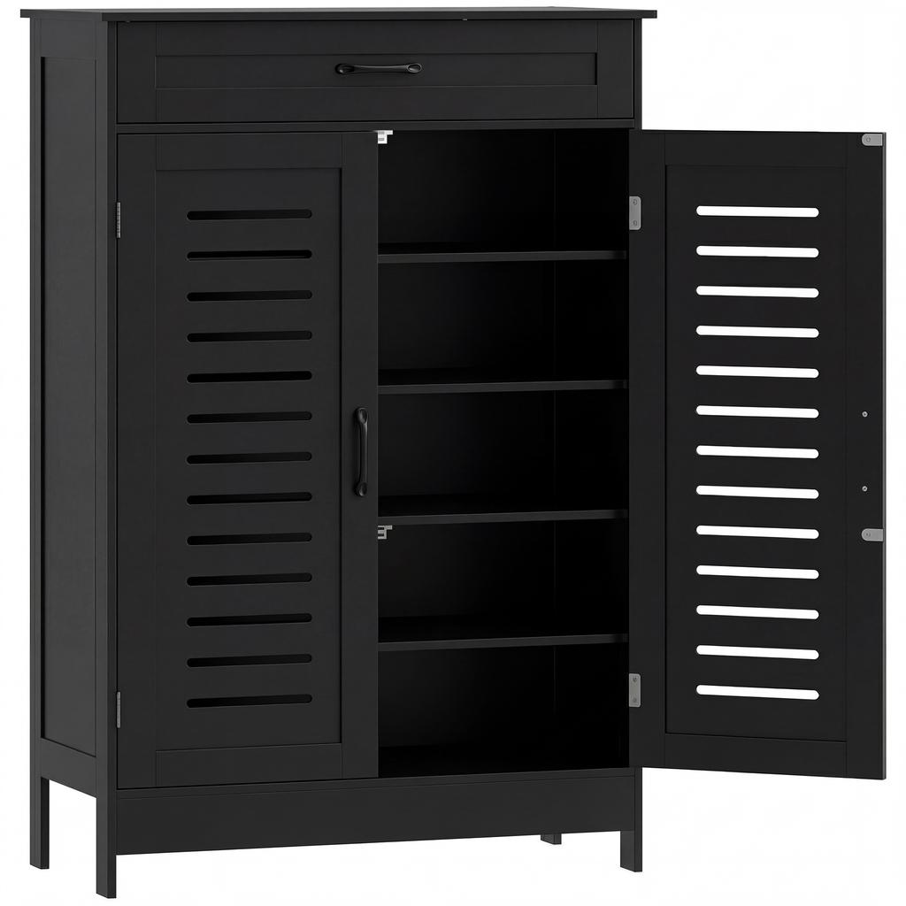 Shoe Cabinet with Louvered Doors, Modern Shoe Storage Cabinet with Drawer and Adjustable Shelves, Black