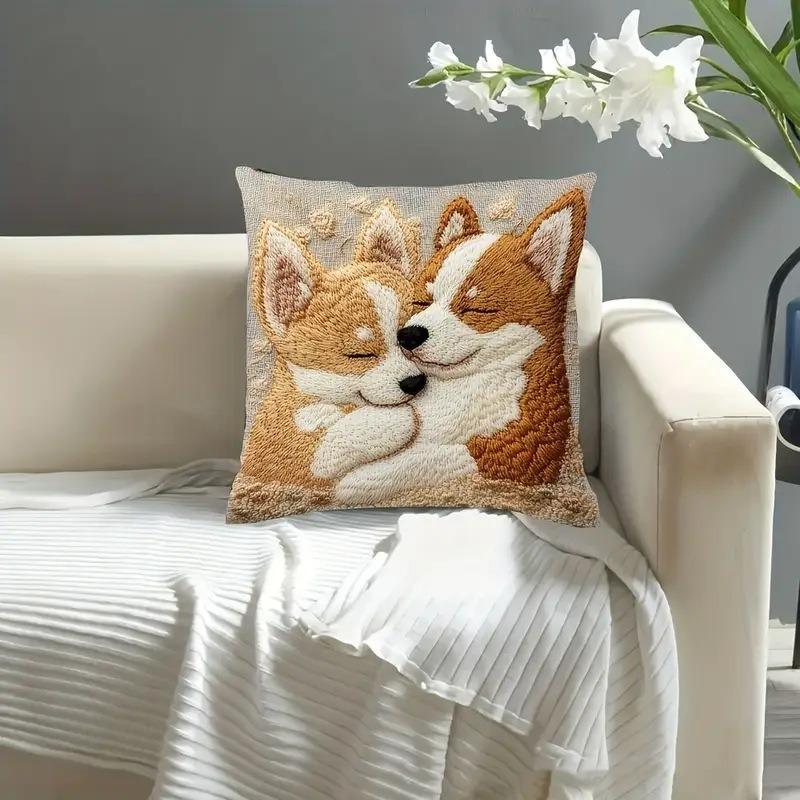 45x45cm Süßes Cartoon Corgi Hund Kissenbezug Cartoon Blume Niedlicher Welpen Hund Freund Kissenbezug Heimdeko Sofa Auto Kissenbezug