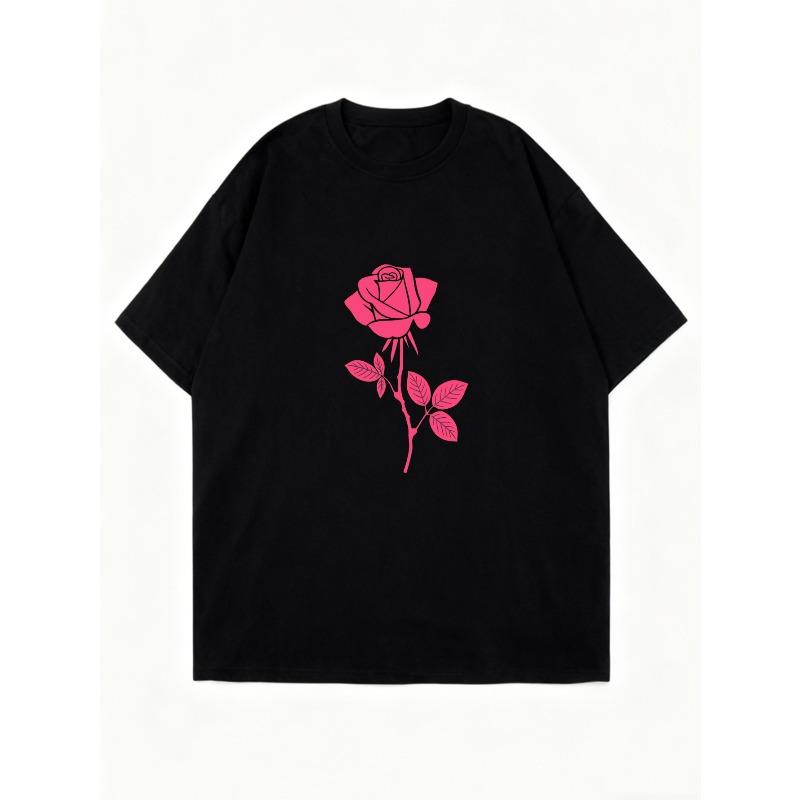 Oversized T Shirt Dress Black Pink Rose Print Casual Streetwear Style For Women