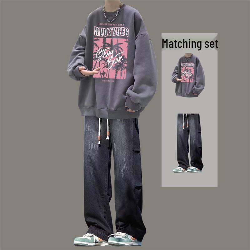 Boys' Trendy Loose Round Neck Sweatshirt & Jeans Set - Cool Casual Two-Piece Outfit for Spring & Autumn