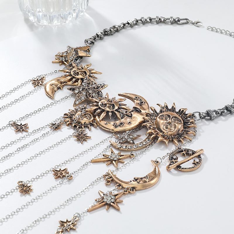 Exaggerated Multi-Layered Tassel Pendant Necklace With Moon Star Sun And Full Diamond Design For Women In Boho Style
