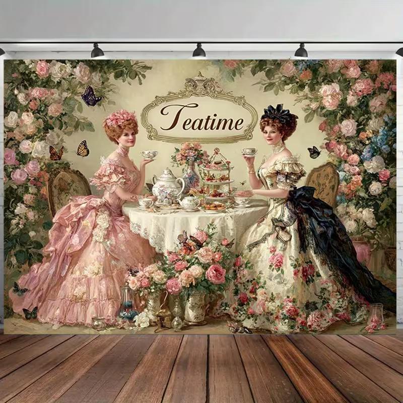 2D Classic Tea Party Backdrop, Rococo Style & Butterfly Photography Background