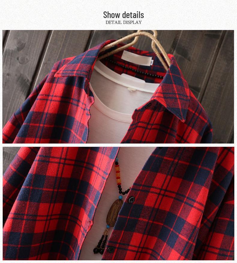 Women's Plaid Long Sleeve Coat - Korean Style, Loose, Black & White, Mid-length, Plus Size, Cotton-Linen