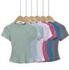 Summer New Female American Spice Girl Solid Color Crew Neck Short Sleeve T-Shirt Basic Threaded Bottom Top