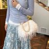 Furry Crossbody Bag with Pearl Handle Fashion Chain Plush Shoulder Bags for Women Soft Faux Fur Evening Party Purse