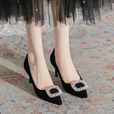 French Pointed Rhinestone High Heels Women's 2025 New Temperament Not Tired Feet Comfortable Black Suede Professional Single Shoes