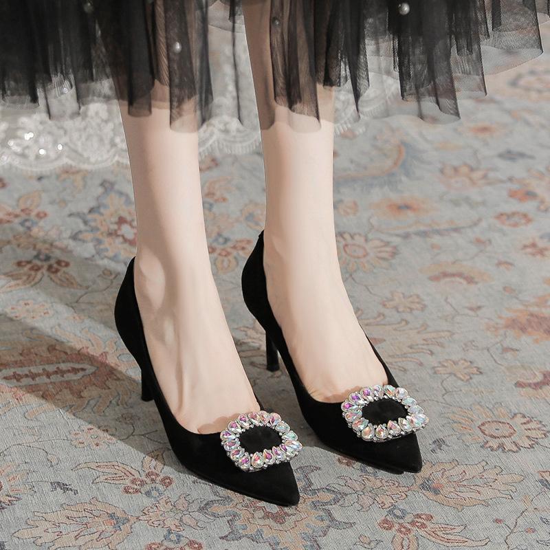 French Pointed Rhinestone High Heels Women's 2025 New Temperament Not Tired Feet Comfortable Black Suede Professional Single Shoes