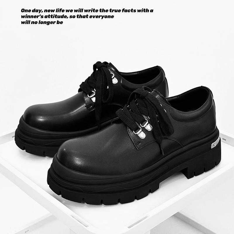 Men's British Street Style Black Leather Shoes - Metal Decor with Height Increasing Effect, Trendy & Comfortable for Urban Fashi