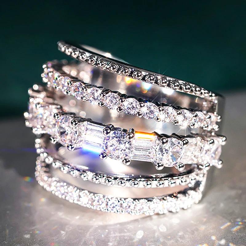 Huitan New Trendy Women Rings Hollow Multi Lines Design Luxury Cubic Zirconia Rings Fashion  Daily Wear Party Accessories