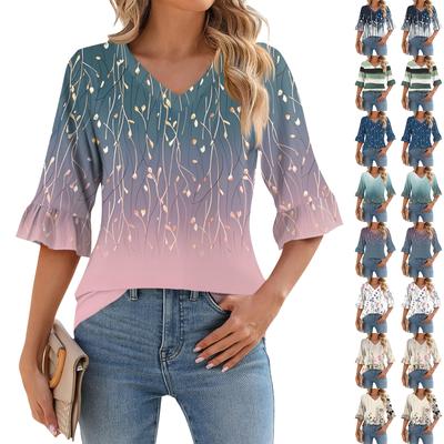 Women's Casual 3/4 Sleeve Top Summer V-neck Puffy Sleeve T-shirt Hawaiian Print Top