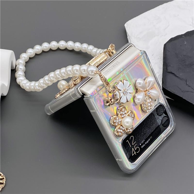 For Samsung Galaxy Zflip 3 5g Zflip 4g 5g Zflip 4 Fashion Diamond Flower Perfume Bottle Pearl Hand Chain Flash Laser Card Case