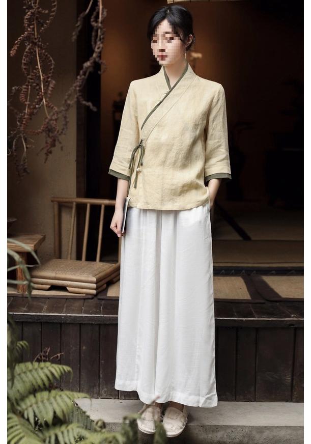 Zen Style Women's Tea Color Qipao Tang Suit Top - ROC Era