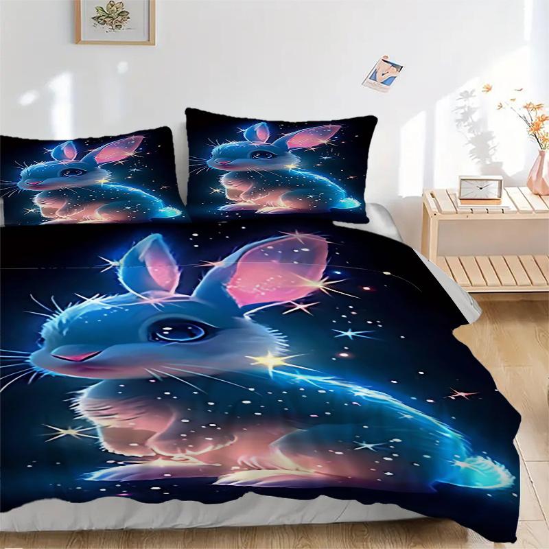 3pcs Glowing Bunny Rabbit Comforter Set with One Quilt Cover and Two Pillowcases (No Core) - Anime Cartoon Design, Polyester Fabric, Festive Gift for