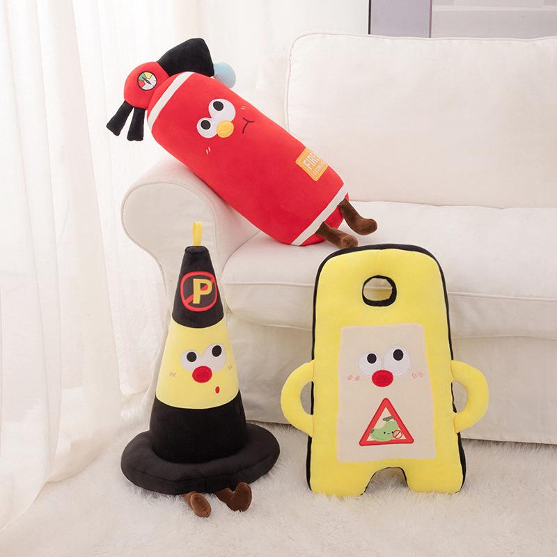 Cartoon Fire Extinguisher Plush Pillow with Road Cone Backrest and Warning Sign Prop