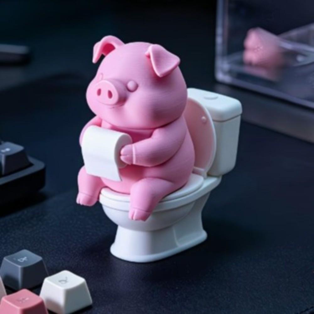 Cartoon Pig Figurine 3D Printed Toilet Pig Decoration Novelty Pig Sitting on Toilet Gift