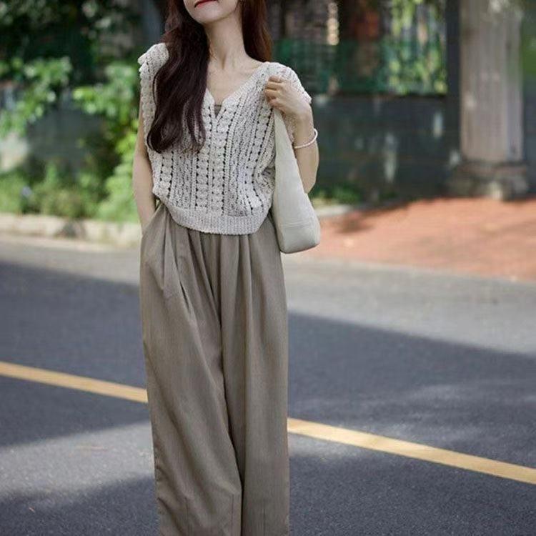 Slim-Fit Summer Tea-Toned Two-Piece Set for Women: Hong Kong & Korean Drama Style