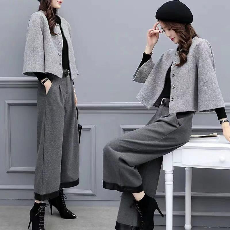 Two Piece Overpants Woolen Short Coat Wide Leg Pants Casual Fashionable Set Women Women's Autumn Winter