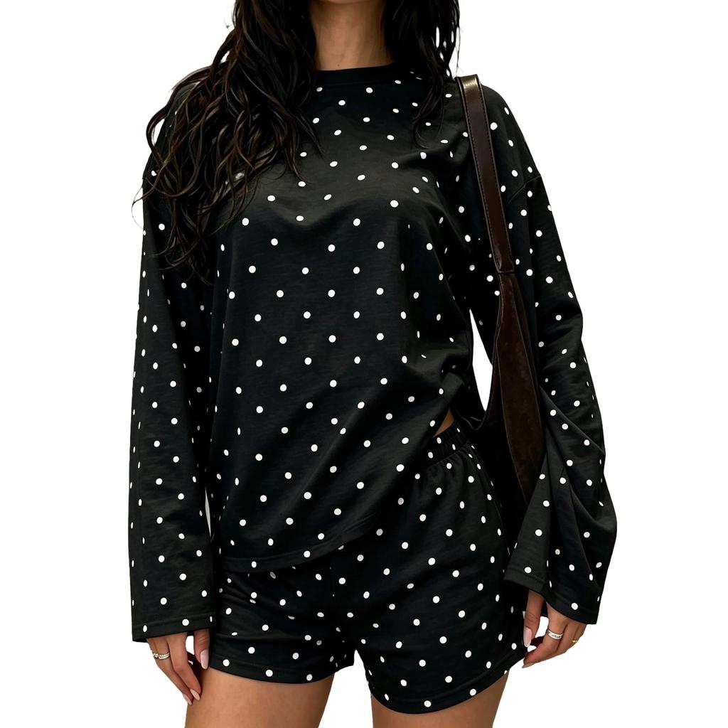 Women's Striped Pajama Set with Loose Fit Round Neck Long Sleeve Top and Elastic Waist Shorts