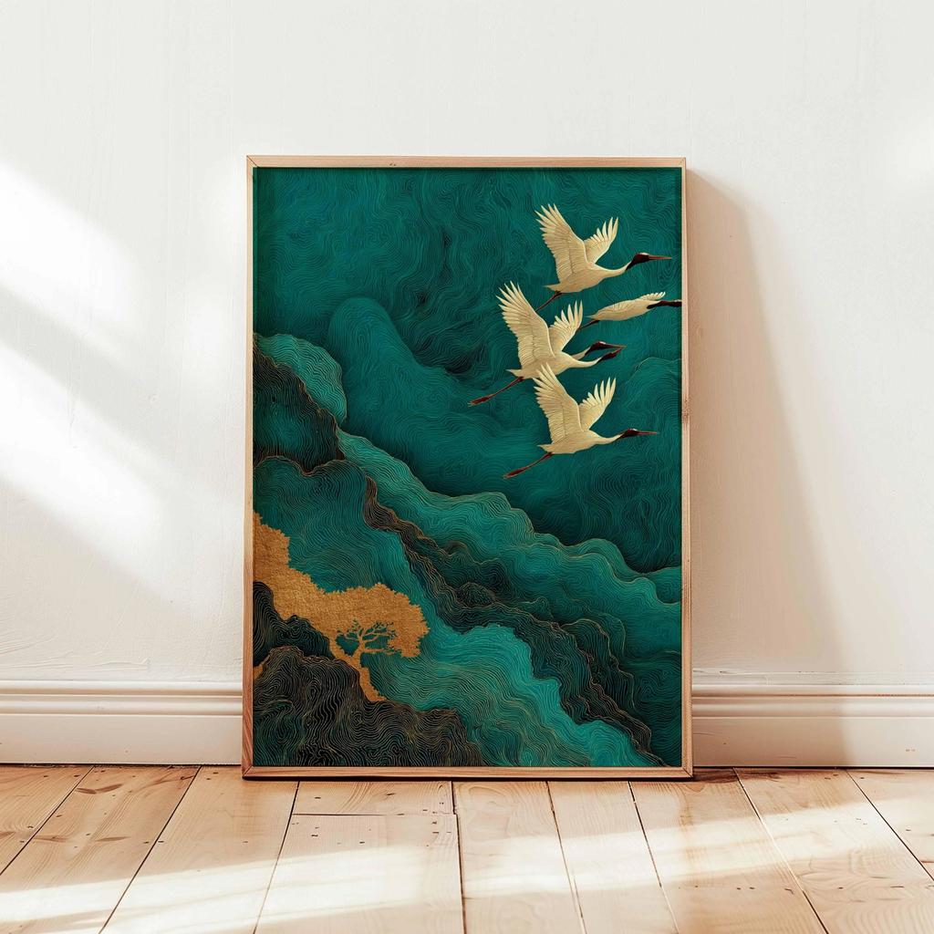 Cranes Flying Poster, Japanese Art Print, Traditional Ink Painting, Elegant Bird Art, Nature Wall Decor Oriental Landscape Decor