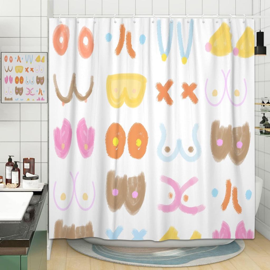 Funny Boobs Shower Curtain, Fun Funky Boobie Body Shower Curtain Set for Adults Bathroom, Colorful Nude Female Fabric Shower Curtain Restroom Bathtub