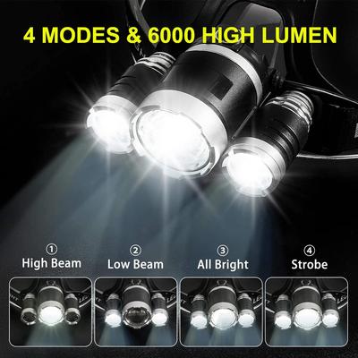Super Bright 3 Led Headlamp Use 18650 Battery Rechargeable Head Flashlight 4-Mode Outdoor Camping Fishing Hunting Headlight