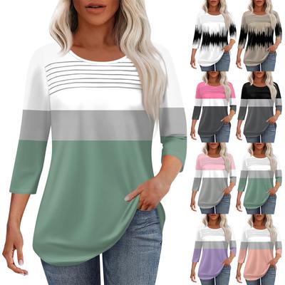 Haut Femme Mode Col Rond Plis sur le Devant Patte de Boutonnage Couleur Unie Manches 3/4