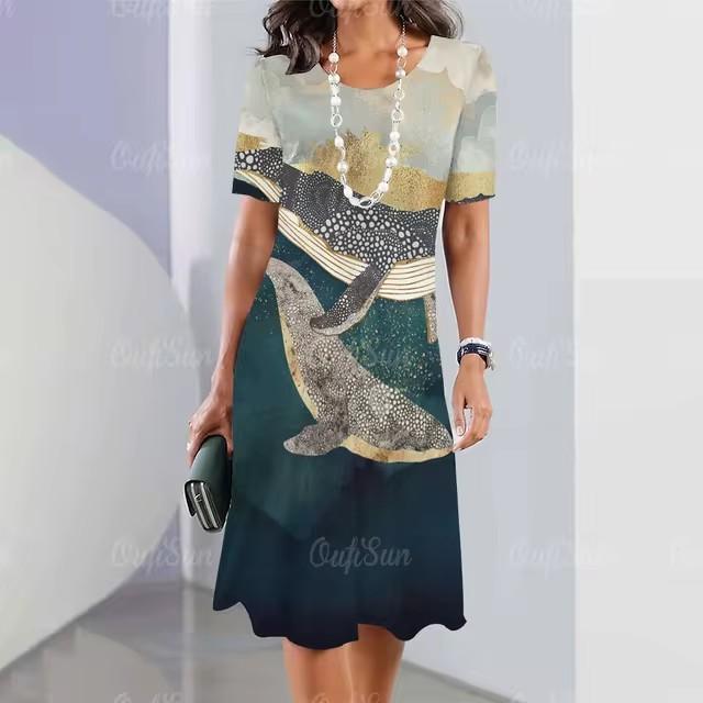 Elegantes Damen-Mode-Midikleid mit kurzen Ärmeln und 3D-Druck, Übergröße, Strandbekleidung