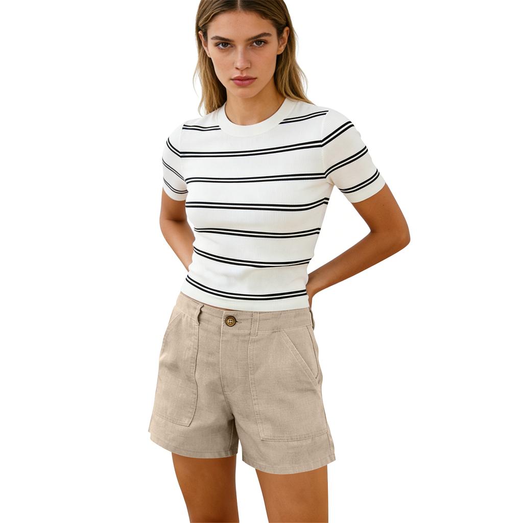 Women's Cotton And Linen Shorts, With Pockets, Soft Button Closure, Zipper, Slim Fit.