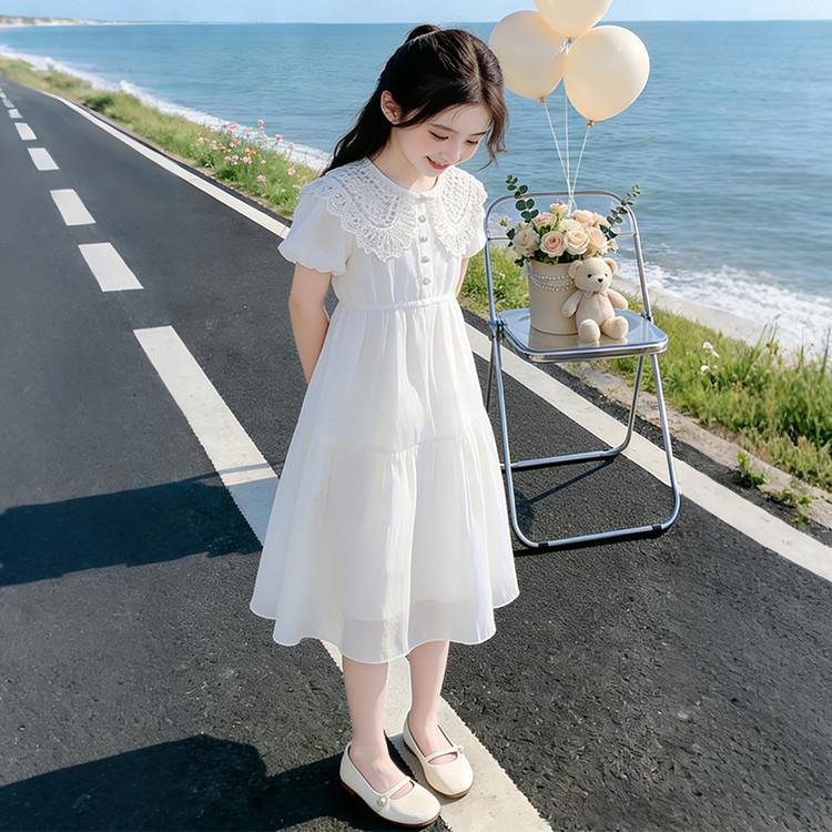 Girls' Summer White Lace Doll Neck Bubble Sleeve Mesh Dress