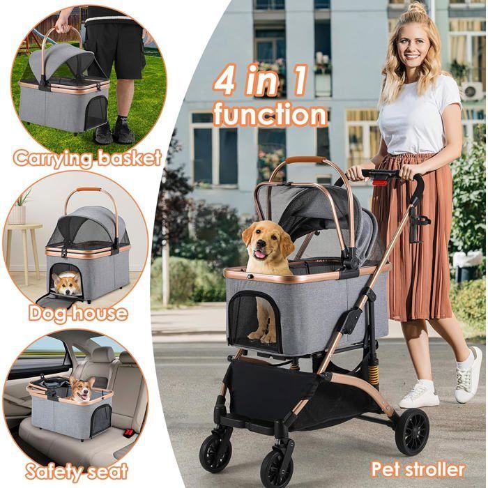 Foldable 3-in-1 Dog Cat Stroller, Pet Stroller with 360° Wheels, Storage Basket, Mesh Window, Cup Holder