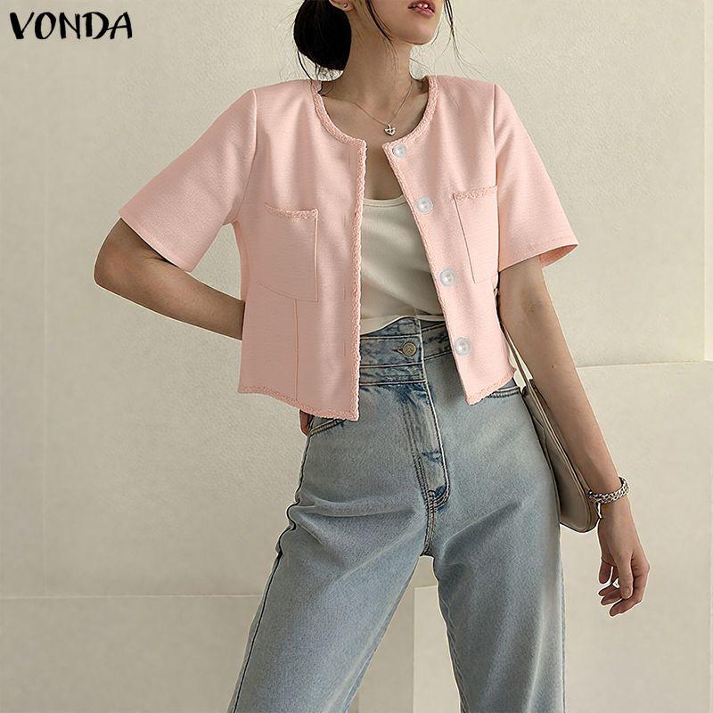 VONDA Elegant Women Short Sleeve Texture Hem Patchwork Buttons Casual Cropped Blouse Tops