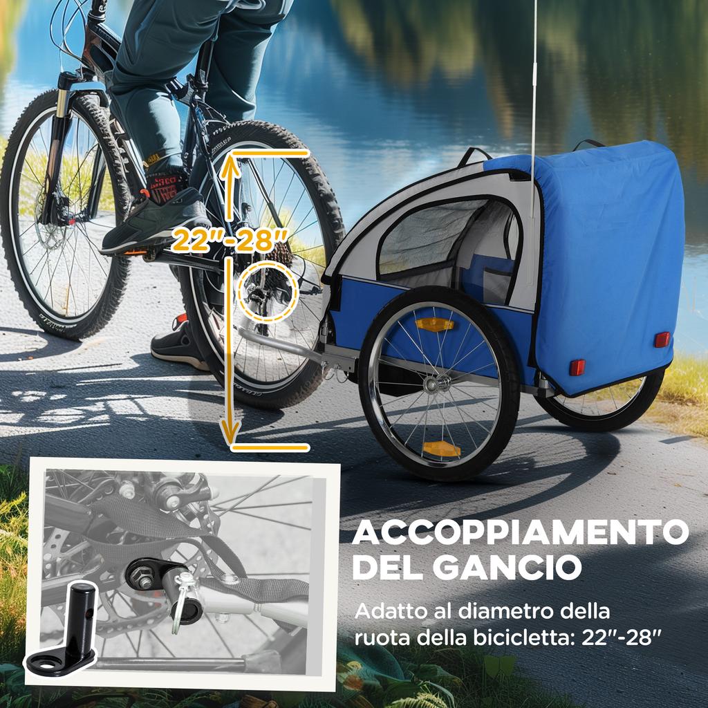 Children's Bike Trailer with 2 Seats, 2 Safety Belts, Steel Frame and Blue Oxford Fabric Cover