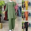 2024 Elegant Solid Color Muslim Women's Two-Piece Tracksuit with Double Stripe – Long Sleeve Shirt & Wide Leg Pants Set