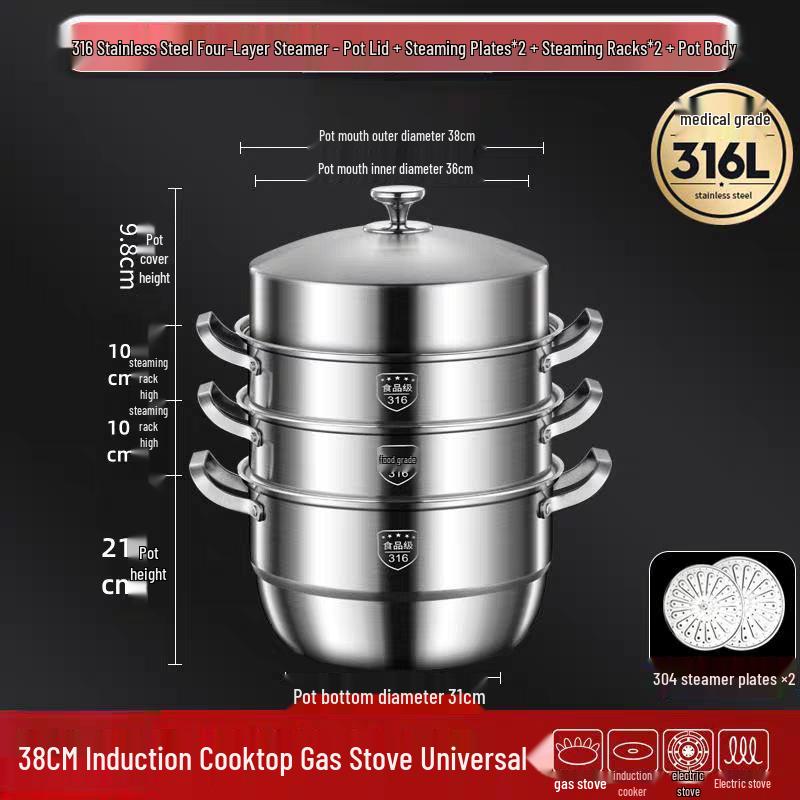 316 Stainless Steel High-Rise Steamer Pot, Extra Thick, Food-Grade, Large Capacity, Versatile 3-4 Layer Soup Pot
