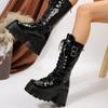 Fashion New Women's Fashion Mid Tube Boots Lace Up High Platform Wedge Boots New Women's Fashion Solid Color Boots