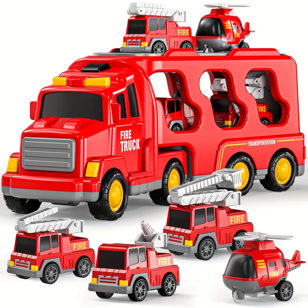 Fire Engine Toy Sets Suitable for Children Over 2 Years Old, 5 in 1 Fire Engine Toys, Friction Power Vehicle Toy Sets, Accessories Color Random