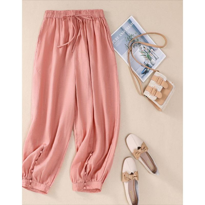 Summer new literary loose solid color cotton and linen elastic waist Harlan pants nine-point pants women's casual pants