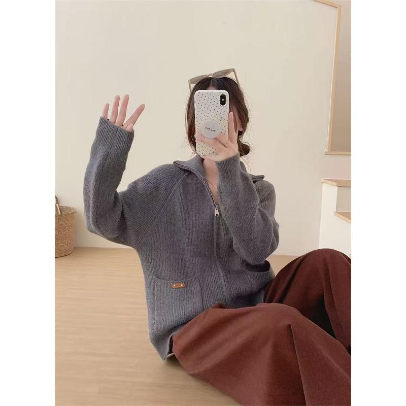 Autumn and winter lapel collar double zipper solid color double pocket casual cardigan temperament thin versatile lazy style knitted sweater