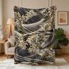 1pc Black and Golden Ukiyo-e Wave Themed Flannel Blanket - Large Size, Soft, Lightweight, and Warm, Suitable for All Seasons - Perfect for Beds, Sofas