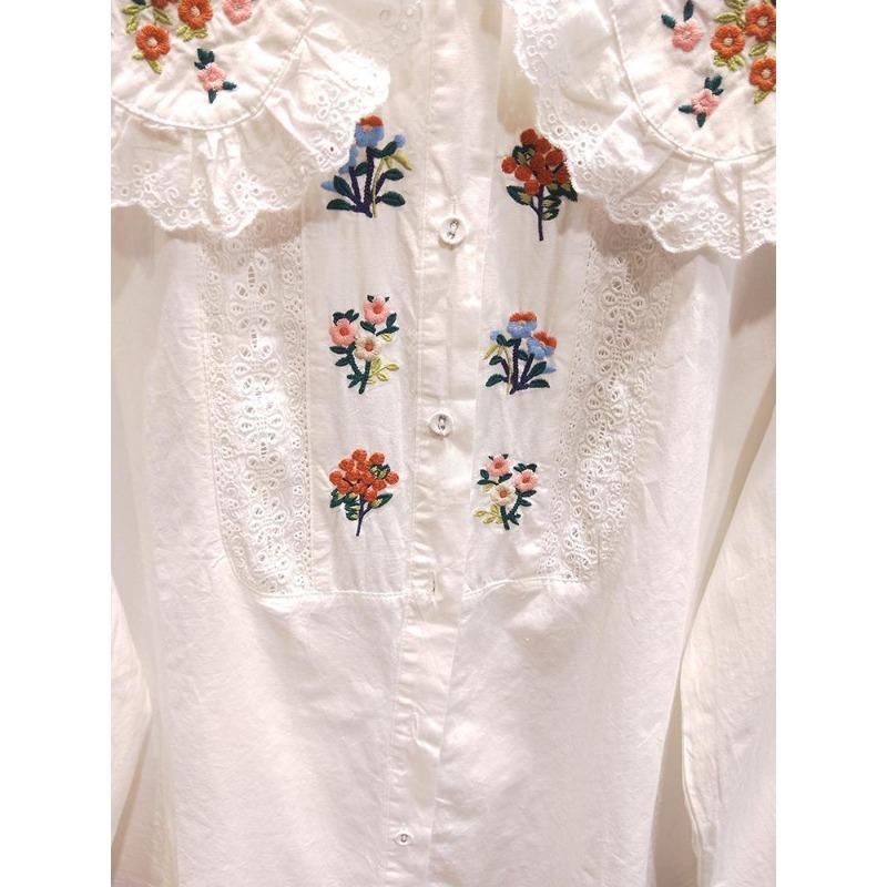 Women Casual Embroidered Shirt Lace Peter Pan Collar Long Sleeve White Blouse