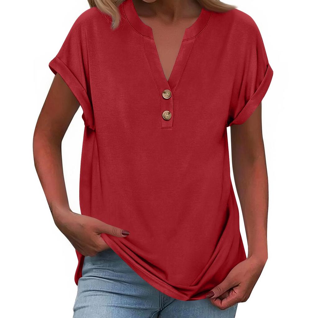 Women's Fashionable Casual Loose-Fit Short-Sleeved Button-Up V-Neck -Colour T-Shirt Top