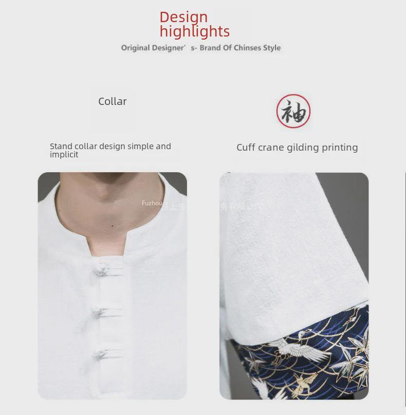 Men's Summer V-Neck Cotton Linen T-Shirt with Crane Embroidery