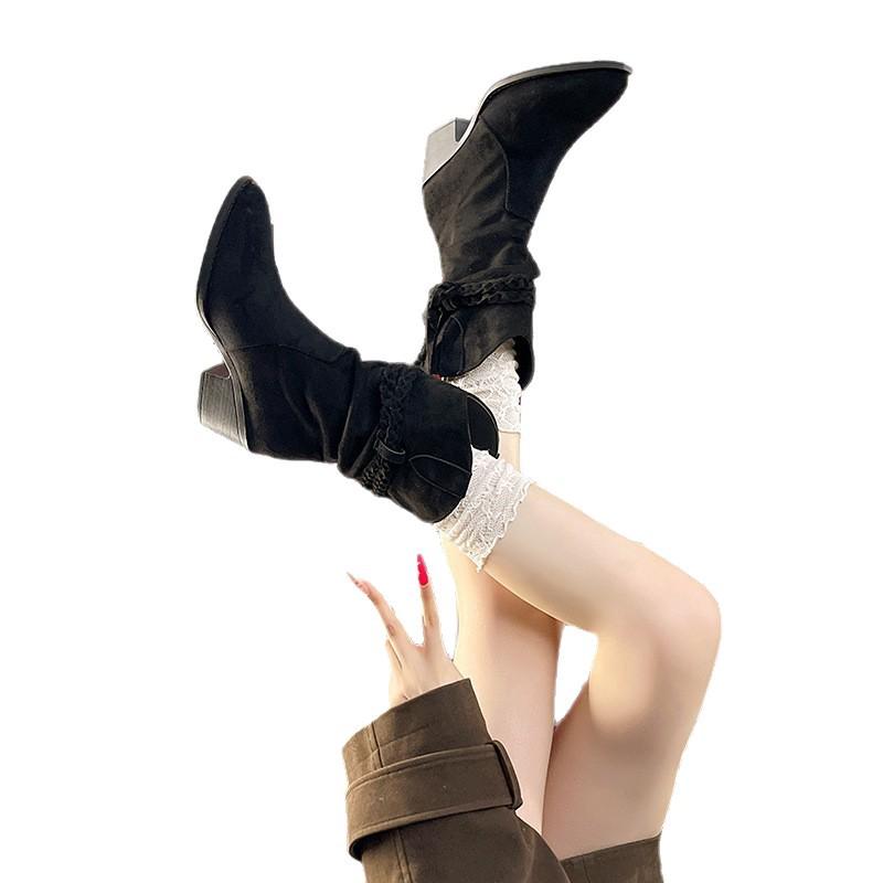 Women's 2025 Autumn Ethnic Lace-up Suede Chelsea Boots with Chunky Heel and Braided Strap