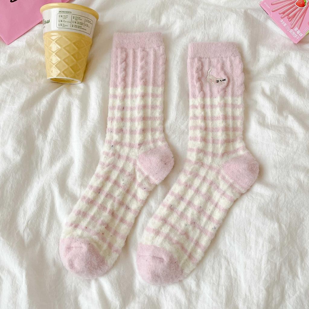 Season Pink Plush Socks Love Embroidery Cat Australian Plush Socks Plush Thickened Warm Sleep Socks